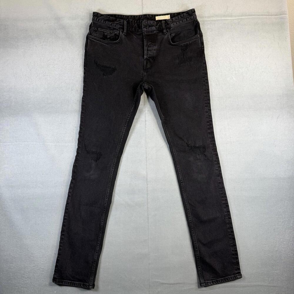 AllSaints Cigarette Jeans Mens 32 Black Skinny Stretch Distressed Patch Denim